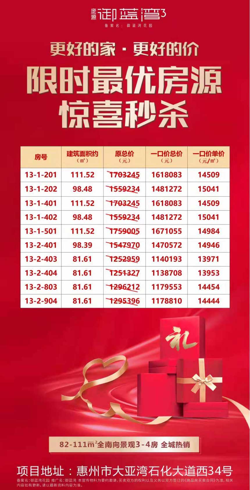 惠州大亚湾庞源御蓝湾推出10套秒杀房源,直降十几万,太给力了!